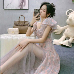 Aiertu Vintage Chiffon Midi Dress Women Floral Print Design Korean Party Split Dress Female Summer Evening Beach Boho Dress Casual Aiertu