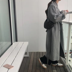 Aiertu Winter Korean Handmade Double Breasted Long 100% Wool Coat Women Casual Loose Lacing Belt Woolen Overcoat Oversized Aiertu