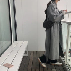 Aiertu Winter Korean Handmade Double Breasted Long 100% Wool Coat Women Casual Loose Lacing Belt Woolen Overcoat Oversized Aiertu