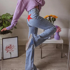 Aiertu Y2k Denim Pants For Women Vintage Star Pattern Blue Flare Jeans Female Harajuku High Waist Full Length Trousers Aiertu