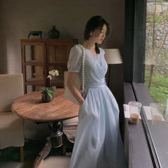 Aiertu Elegant Fairy Midi Dress Women French Princess V-neck Korean Party Dress Female Summer One-piece Dress Office Lady Causal Aiertu