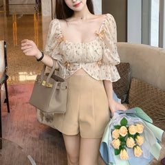 Aiertu Puff Sleeve Floral Chiffon Blouses Women Summer Short Korean Design Fairy Shirts Tops Casual Chic Evening Party Y2k Clothes Aiertu