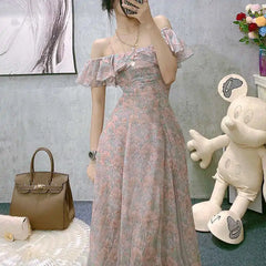 Aiertu Vintage Chiffon Midi Dress Women Floral Print Design Korean Party Split Dress Female Summer Evening Beach Boho Dress Casual Aiertu
