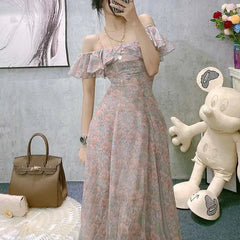 Aiertu Vintage Chiffon Midi Dress Women Floral Print Design Korean Party Split Dress Female Summer Evening Beach Boho Dress Casual Aiertu