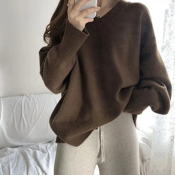 Aiertu FALL OUTFIT Sweater Pullovers Women Spring New Chic Solid V-neck All-match Loose Simple Female Fashion Vintage Elegant Clothing Leisure Soft aiertu