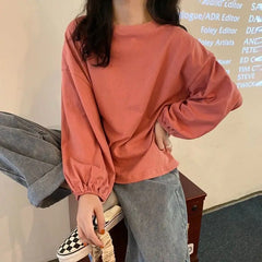Aiertu Pure Cotton Tops Autumn Korean Lantern Puff Sleeve T-shirt Aesthetic Women's T Shirts Winter Woman Tshirts Clothing Long aiertu