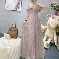 Aiertu Vintage Chiffon Midi Dress Women Floral Print Design Korean Party Split Dress Female Summer Evening Beach Boho Dress Casual Aiertu