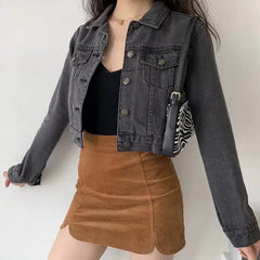 Aiertu Vintage Black Denim Cropped Jacket Women Dark Gray Long Sleeve Short Jeans Jackets Ladies Fashion Distressed Coats Solid Aiertu