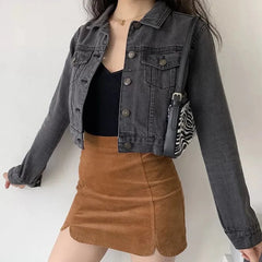 Aiertu Vintage Black Denim Cropped Jacket Women Dark Gray Long Sleeve Short Jeans Jackets Ladies Fashion Distressed Coats Solid Aiertu