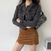 Aiertu Vintage Black Denim Cropped Jacket Women Dark Gray Long Sleeve Short Jeans Jackets Ladies Fashion Distressed Coats Solid Aiertu