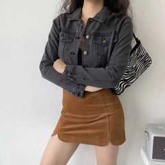 Aiertu Vintage Black Denim Cropped Jacket Women Dark Gray Long Sleeve Short Jeans Jackets Ladies Fashion Distressed Coats Solid Aiertu