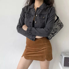 Aiertu Vintage Black Denim Cropped Jacket Women Dark Gray Long Sleeve Short Jeans Jackets Ladies Fashion Distressed Coats Solid Aiertu