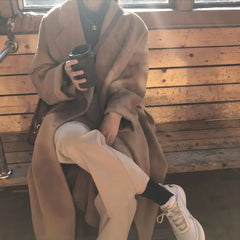 Aiertu Winter Korean Handmade Double Breasted Long 100% Wool Coat Women Casual Loose Lacing Belt Woolen Overcoat Oversized Aiertu