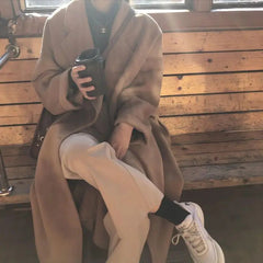Aiertu Winter Korean Handmade Double Breasted Long 100% Wool Coat Women Casual Loose Lacing Belt Woolen Overcoat Oversized Aiertu
