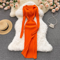 Aiertu Women Korean Knitted Dress Long Sleeve V Neck Elastic Slim Pencil Dresses Autumn Sexy Bodycon Split Sweater Dress Aiertu