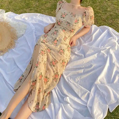 Aiertu 2024 Summer Floral Vintage Dress Women Casual Holiday Split Designer Midi Dress Korean Fashion Slim Party Princess Chiffon Dress Aiertu