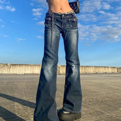 Aiertu Korean Style Harajuku Hot Mom Denim Jeans Y2K Grunge Vintage Low Waisted Pockets Skinny Flare Pants 2000s Retro Cargo Trousers Aiertu