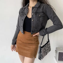 Aiertu Vintage Black Denim Cropped Jacket Women Dark Gray Long Sleeve Short Jeans Jackets Ladies Fashion Distressed Coats Solid Aiertu