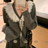 Aiertu FALL OUTFITS Cardigan Women All-match V-Neck Lace Patchwork Sweater Spring Fall Gray Kawaii Retro Tender Knitted Simple Design Outerwear Aiertu
