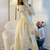 Aiertu Lace Vintage Fairy Dress Women Yellow Floral Print French Sweet Dress 2021 Summer Holiday Party Long Split Dress Female Korean Aiertu