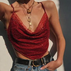 Aiertu Sleeveless Backless Sexy V-neck Short Tank Top 2021 Summer 90s Women Fashion Glitter Sequin Mesh Patchwork Bandage Cami Top Aiertu