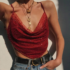 Aiertu Sleeveless Backless Sexy V-neck Short Tank Top Summer 90s Women Fashion Glitter Sequin Mesh Patchwork Bandage Cami Top Aiertu