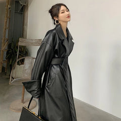 Lautaro Long oversized leather trench coat for women long sleeve lapel loose fit Fall Stylish black women clothing streetwear Aiertu