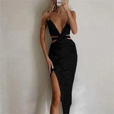 AIERTU - Summer Dress Spaghetti Straps Halter Deep V Neck Cut Out Long Side Split Dresses For Women Sexy Party Vestidos Black Aiertu