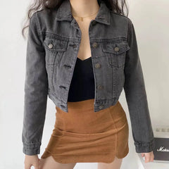 Aiertu Vintage Black Denim Cropped Jacket Women Dark Gray Long Sleeve Short Jeans Jackets Ladies Fashion Distressed Coats Solid Aiertu