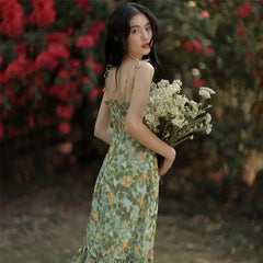 Aiertu Sexy Floral Fairy Dresses Women Summer Elegant Long Evening Vacation Dress Vintage Beach Backless Print Party Strap Dress Aiertu