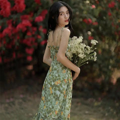 Aiertu Sexy Floral Fairy Dresses Women Summer Elegant Long Evening Vacation Dress Vintage Beach Backless Print Party Strap Dress Aiertu