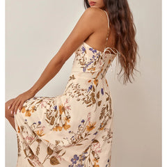 Aiertu Summer Clothes Dresses For Women Elegant Vintage Floral Midi Dress Sweetheart Neck Spaghetti Strap Slit Sexy Party Dress Aiertu