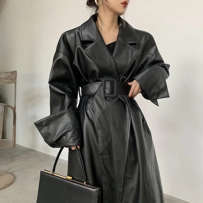 Long oversized leather trench coat for women long sleeve lapel loose fit Fall Stylish black women clothing streetwear Aiertu