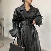 Long oversized leather trench coat for women long sleeve lapel loose fit Fall Stylish black women clothing streetwear Aiertu