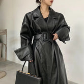 Aiertu Long Oversized Leather Trench Coat for Women Long Sleeve Lapel Loose Fit Fall Stylish Black Women Clothing Streetwear Aiertu