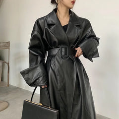 Long oversized leather trench coat for women long sleeve lapel loose fit Fall Stylish black women clothing streetwear Aiertu