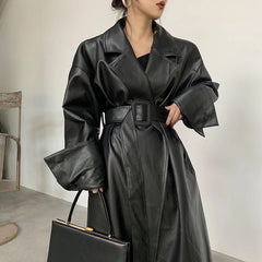 Aiertu Long Oversized Leather Trench Coat for Women Long Sleeve Lapel Loose Fit Fall Stylish Black Women Clothing Streetwear Aiertu