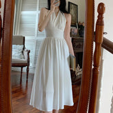 Aiertu White Elegant Halter Dress Women Sexy Backless Korean Party Midi Dress Female Sleeveless V-neck Vintage Dresses for Women Aiertu