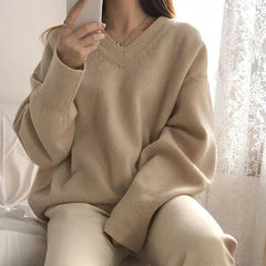Aiertu FALL OUTFIT Sweater Pullovers Women Spring New Chic Solid V-neck All-match Loose Simple Female Fashion Vintage Elegant Clothing Leisure Soft aiertu