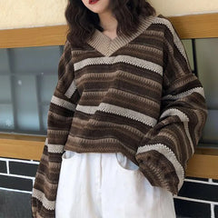 Aiertu WINTER OUTFITS Knitted Sweaters Women Oversized V Neck Striped Pullover Vintage Sweater Autumn Winter Retro Warm Jumper Harajuku Loose Sweater aiertu