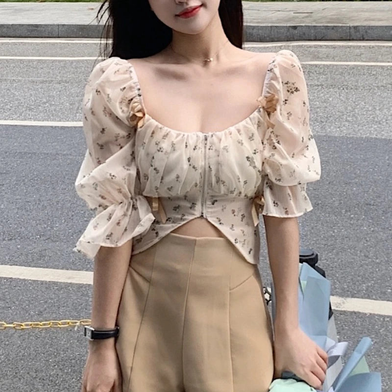 Aiertu Puff Sleeve Floral Chiffon Blouses Women Summer Short Korean Design Fairy Shirts Tops Casual Chic Evening Party Y2k Clothes Aiertu