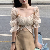 Aiertu Puff Sleeve Floral Chiffon Blouses Women Summer Short Korean Design Fairy Shirts Tops Casual Chic Evening Party Y2k Clothes Aiertu