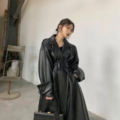 Lautaro Long oversized leather trench coat for women long sleeve lapel loose fit Fall Stylish black women clothing streetwear Aiertu