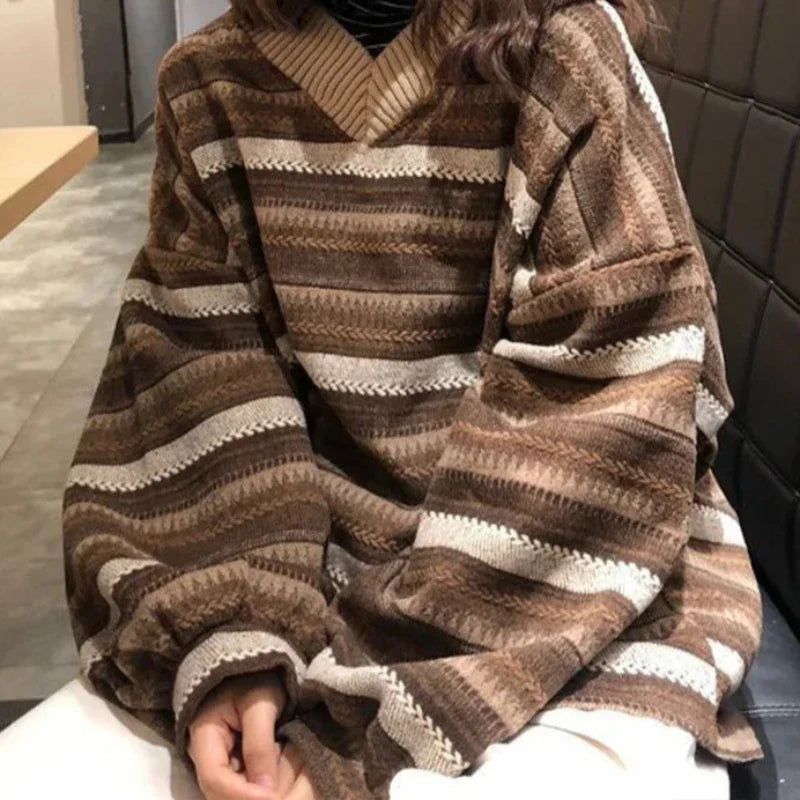 Aiertu WINTER OUTFITS Knitted Sweaters Women Oversized V Neck Striped Pullover Vintage Sweater Autumn Winter Retro Warm Jumper Harajuku Loose Sweater aiertu
