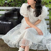 Aiertu Summer Long Fairy Dress Women Sweet Mesh Hollow Out Designer Vintage Dress 2021 Elegant Korean High Waist Party Floral Dress Aiertu