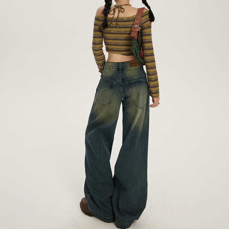 Aiertu dress to impress outfits American Retro Nostalgic Low Waist Loose Wide Leg Pants Autumn and Winter New Straight Jeans Womens Trousers Lengthened aiertu