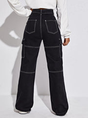 Aiertu black sweater dress outfit Women's Pocket Straight Jeans Black Pants aiertu