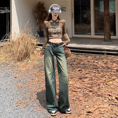 Aiertu dress to impress outfits American Retro Distressed Washed Low Waist Wide Leg Pants Hot Girl Denim Straight Pants Mopping Pants Lengthened aiertu