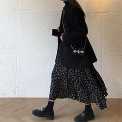 Aiertu midi skirt outfit fall French Retro Chiffon Floral Skirt Black Skirt Women's Spring and Summer Mid-Length Drape Slimming Long Skirt aiertu