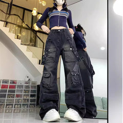 Aiertu fashion outfits Multi-Pocket Workwear Jeans Wide Leg Loose Niche Washed Distressed Pants aiertu